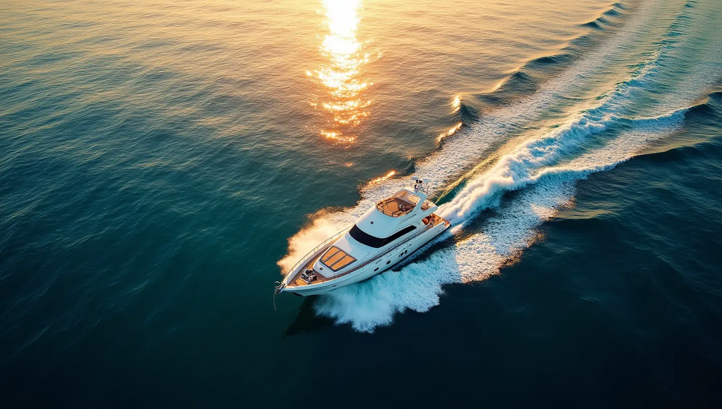 Aerial view of the yacht carving a white wake through cobalt open water