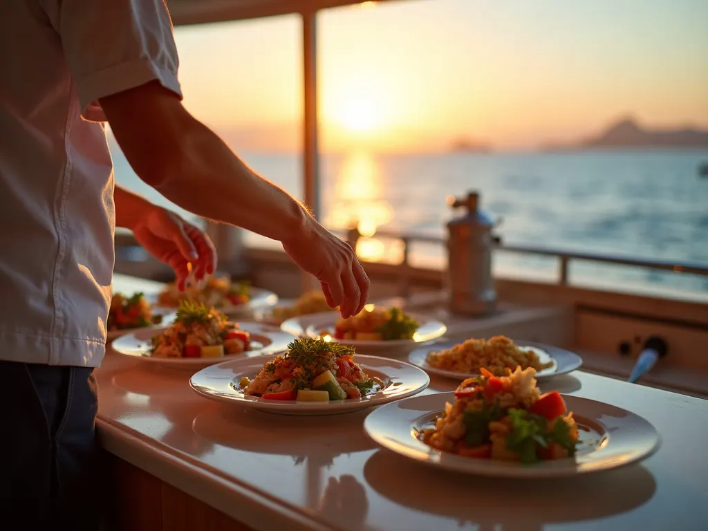 Private chef plating fresh ceviche in the yacht galley