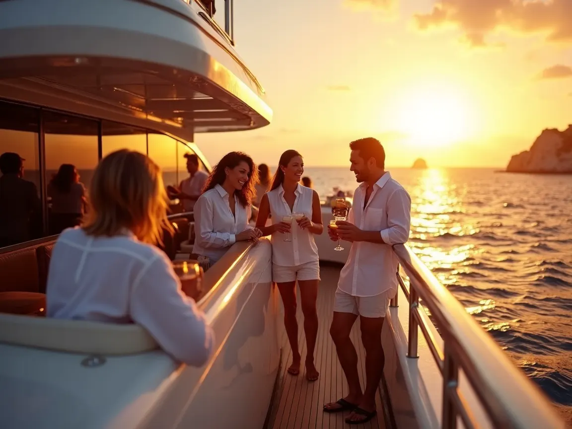 Guests enjoying cocktails on the aft deck at sunset off the Cabo coastline