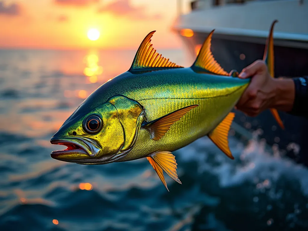 Iridescent dorado lifted above indigo water beside the hull