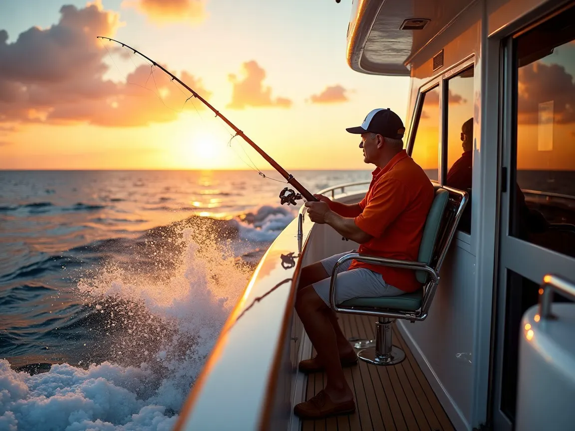 Angler bent into a fish from the fighting chair on the stern deck