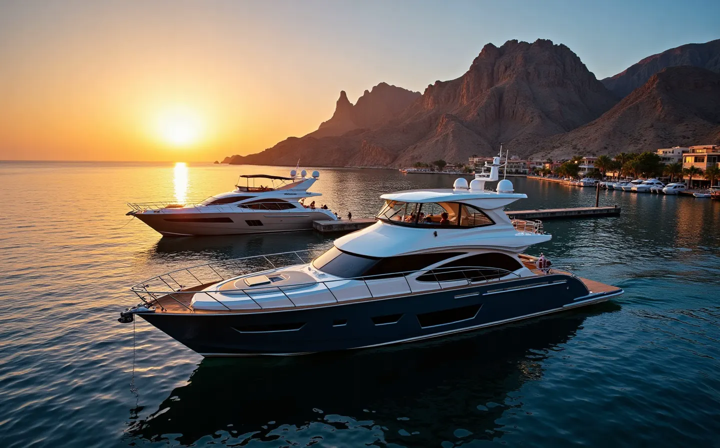 Sportfishing yachts glowing at blue hour in the Cabo San Lucas marina