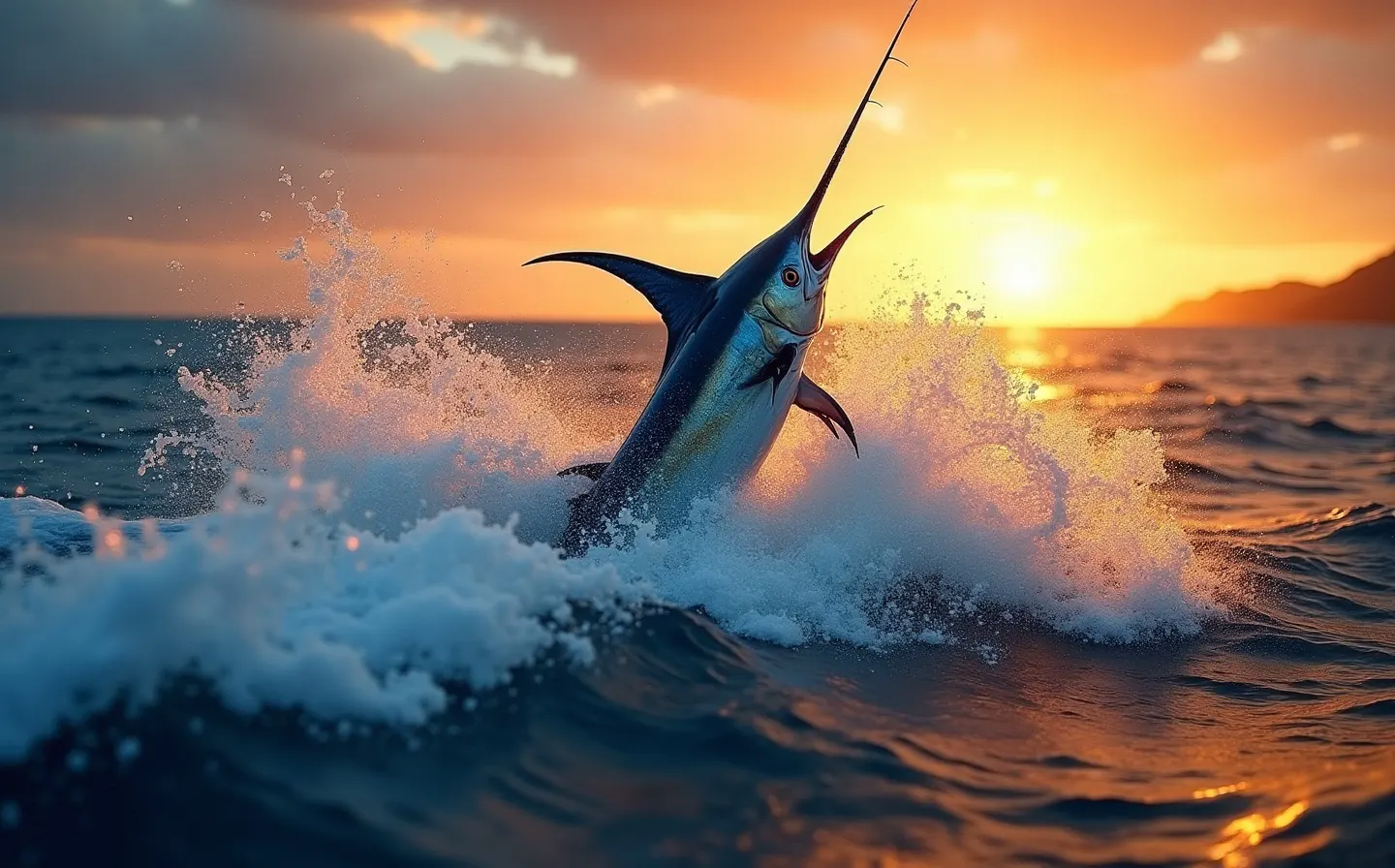 Blue marlin leaping from the ocean in a burst of golden spray