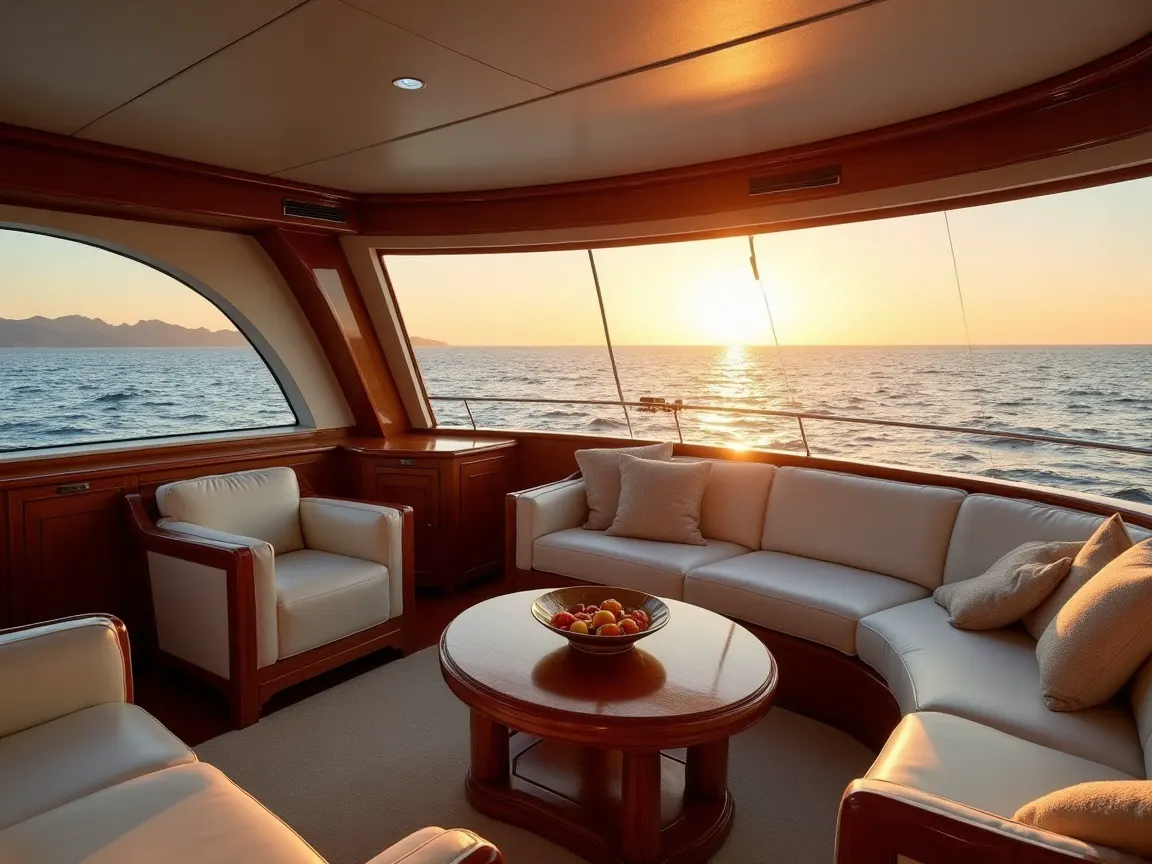 Cream leather and teak salon interior of the 65 foot yacht with panoramic ocean views