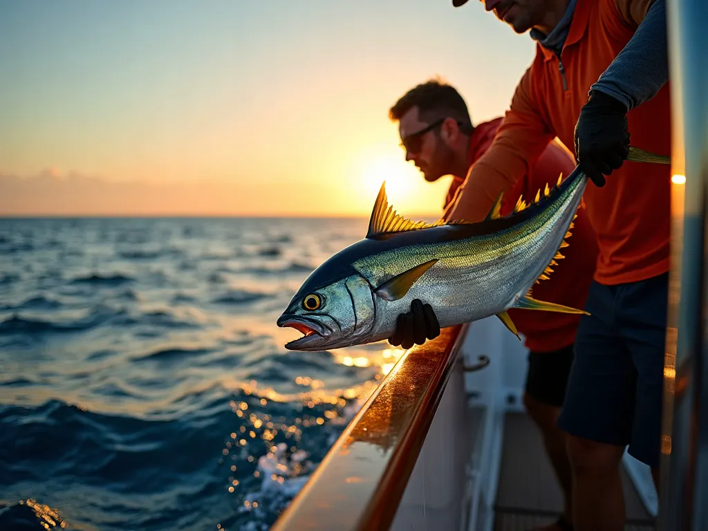 Deckhand lifting a yellowfin tuna aboard at sunset